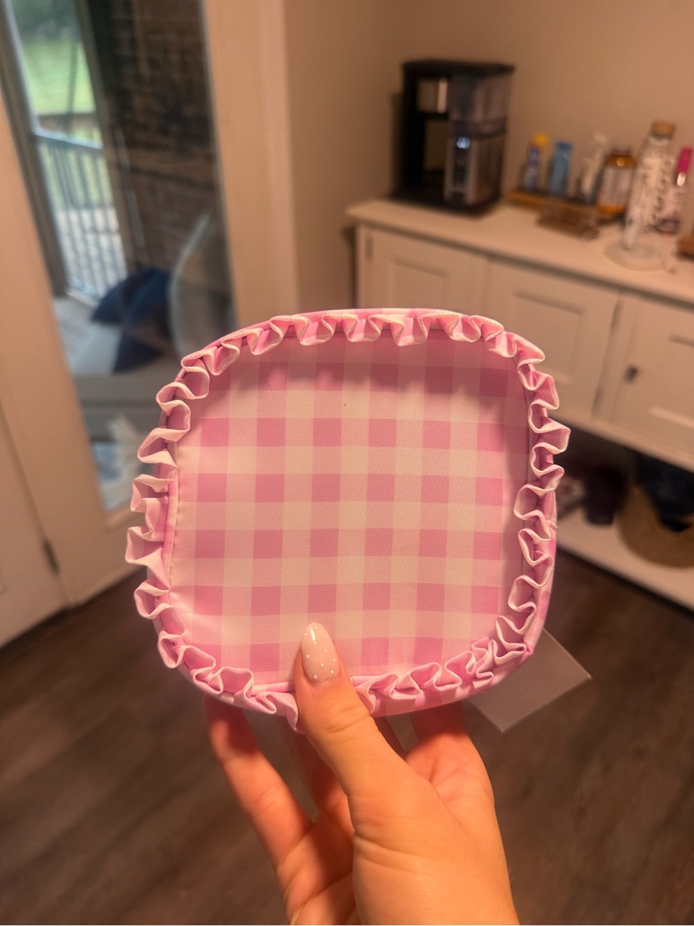 Pink Gingham Ruffled Cosmetic Pouch - Small Travel Case